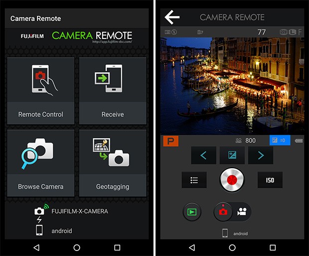 L'applicazione Camera Remote di Fujifilm in esecuzione su uno smartphone Android: può essere utilizzata per il trasferimento delle immagini o per la gestione dello scatto da remoto