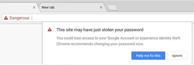 Il browser Chrome avvisa dei tentativi di sottrazione delle credenziali da parte di siti che praticano phishing