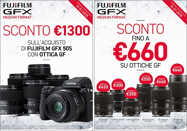 La promozione di Fujifilm dedicata alla fotocamera GFX 50S e alle ottiche GF, con sconti immediati all'acquisto