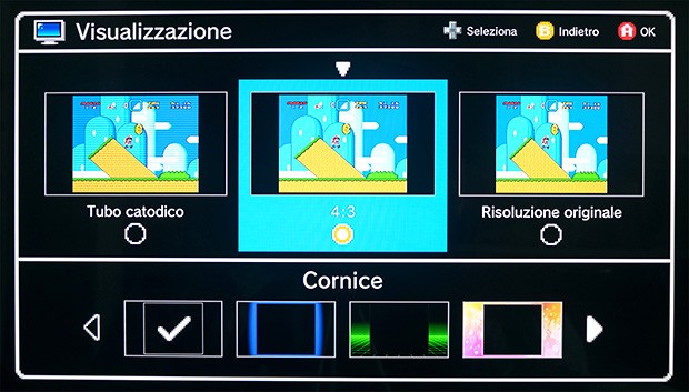 Le tre modalità di visualizzazione offerte da SNES Mini: tubo catorico, 4:3 e risoluzione originale