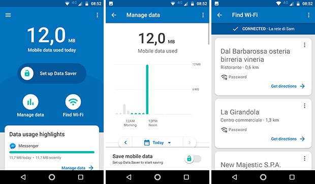 Screenshot per l'applicazione Datally di Google, disponibile in download gratuito per Android, utile per monitorare e risparmiare il traffico dati