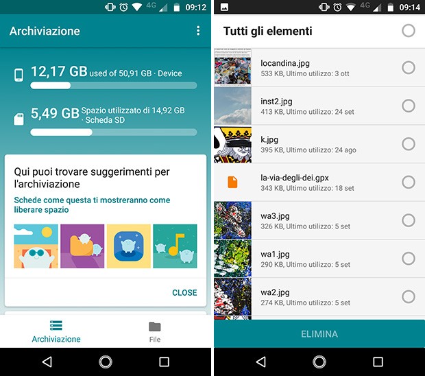 Screenshot per l'interfaccia di Files Go, nuovo file manager per Android sviluppato da Google