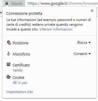 Il menu che mostra le informazioni di sicurezza per il sito visitato