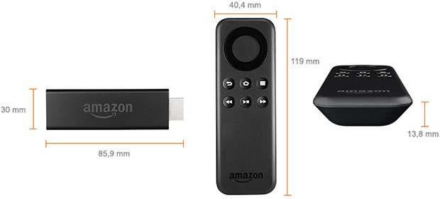 Il design e le dimensioni di Amazon Fire TV Stick: a sinistra il dongle HDMI, a destra il telecomando