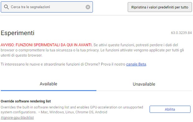 Il nuovo look della pagina chrome://flags introdotta in Chrome 63