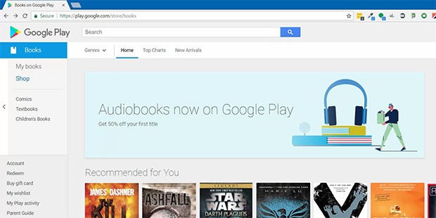 Un banner annuncia l'arrivo degli audiolibri sulla piattaforma Google Play