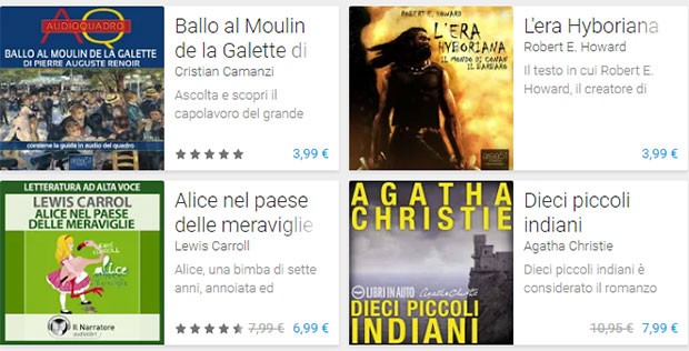 Alcuni dei primi audiolibri in italiano offerti da Google sulla piattaforma Play Store