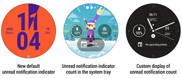 Gli indicatori per le notifiche non lette nell'interfaccia di Android Wear, introdotte con l'aggiornamento alla versione 2.9 del sistema operativo