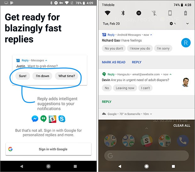 Screenshot per la nuova applicazione Reply di Google, in esecuzione su smartphone Android: si occupa di compilare risposte in modo del tutto automatico per rispondere ai messaggi in ingresso con un solo tap direttamente dal menu delle notifiche