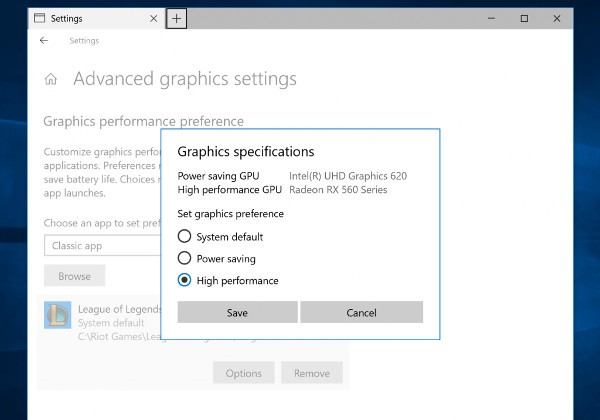 Windows 10, gestione multi GPU