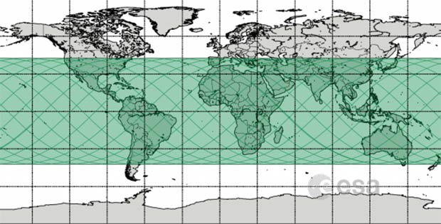 Le possibili aree del pianeta interessate dal rientro di Tiangong-1