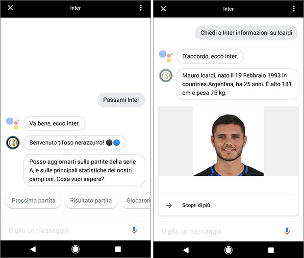 Tra le prime applicazioni di terze parti in italiano a supportare Actions on Google c'è anche quella ufficiale dell'Inter, per ottenere informazioni sui calciatori, sulle partite in programma e sulla classifica