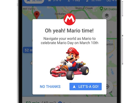 La mascotte di casa Nintendo irrompe nell'interfaccia dell'applicazione Google Maps: è sufficiente avviare le indicazioni per la navigazione stradale