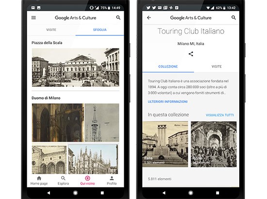 La sezione dell'app Google Arts & Culture dedicata alla migliaia di cartoline digitalizzate dal Touring Club Italiano