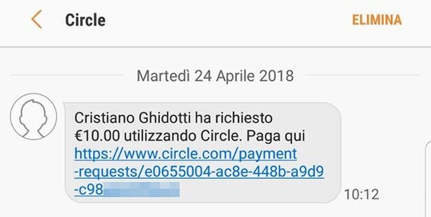 Circle Pay: il messaggio visualizzato dal destinatario in caso di richiesta di denaro a una persona che non ha installato l'applicazione