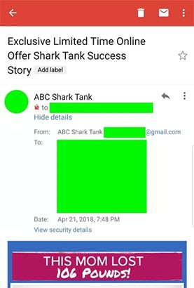 Una delle email di spam ricevute dagli utenti di Gmail nel corso del weekend