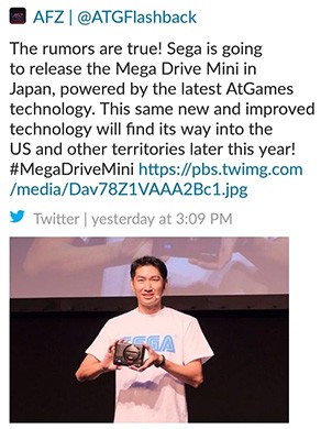 Il tweet (ora rimosso) in cui viene confermato l'arrivo di un'edizione Mini per la console Mega Drive di SEGA