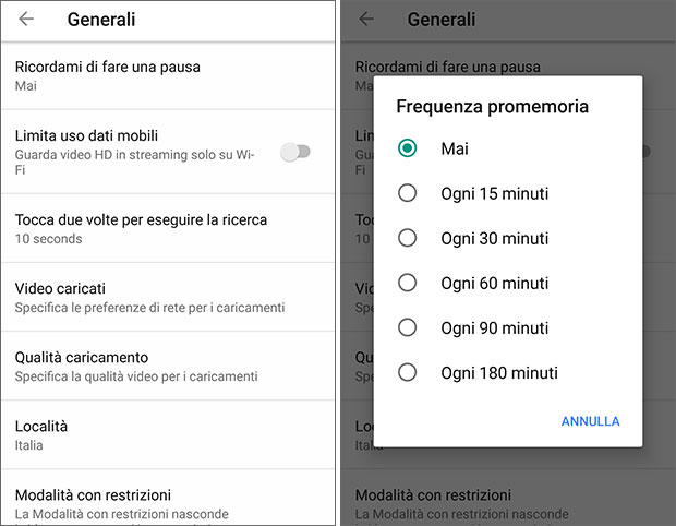 L'app di YouTube su Android ricorda di fare una pausa di tanto in tanto