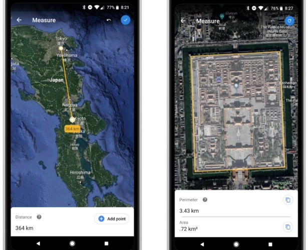 La misurazione di distanze e aree attraverso l'applicazione di Google Earth su smarphone Android