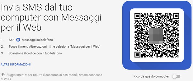 Il client Web di Messaggi richiede la scansione di un codice QR per sincronizzare computer e smartphone