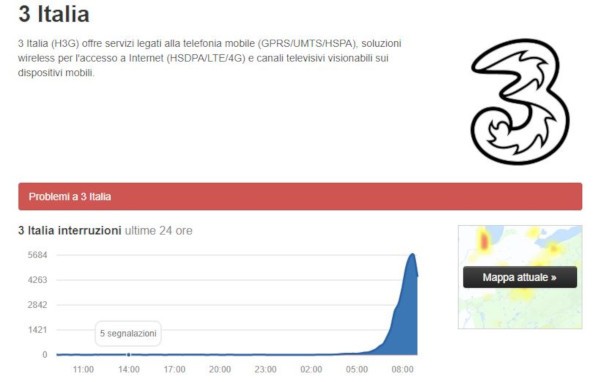 3 Italia, disservizi in tutta Italia