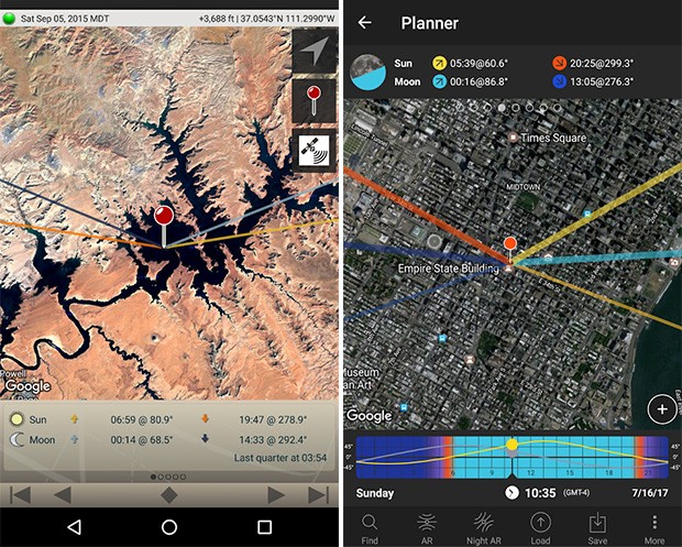 Screenshot per le applicazioni Photographer's Ephemeris e Photopills