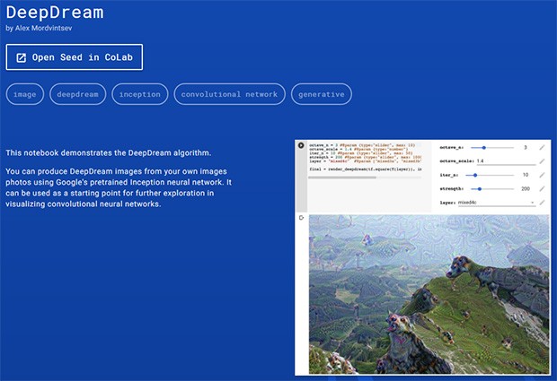 DeepDream è uno degli esempi forniti, legato alla categoria Images & Video