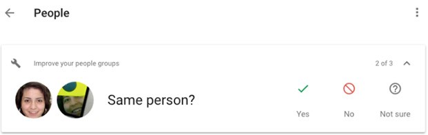 La versione Web della piattaforma Google Foto ha iniziato a chiedere agli utenti se i volti identificati all'interno delle stesse immagini appartengono alla stessa persona
