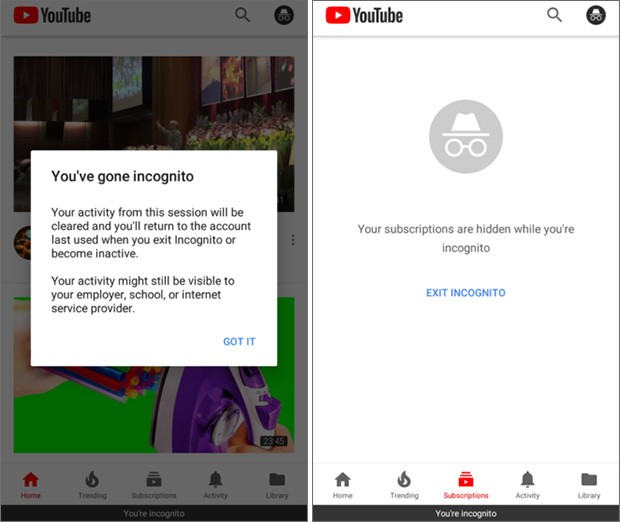 Screenshot per la modalità Incognito dell'applicazione ufficiale di YouTube, su smartphone Android