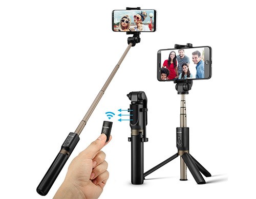 Un bastone da selfie con treppiede e comando Bluetooth a distanza