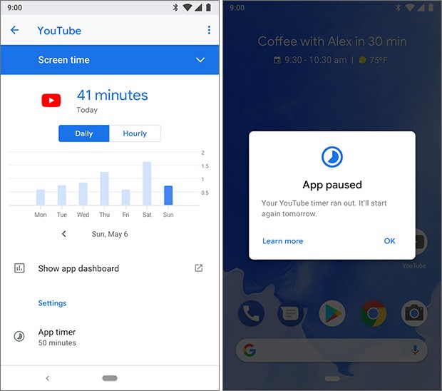 Screenshot per l'applicazione Digital Wellbeing di Google, per il Benessere Digitale