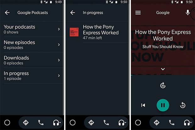 Alcuni screenshot mostrano in anteprima l'integrazione tra l'app Google Podcasts e la piattaforma Android Auto dedicata al mondo delle quattro ruote