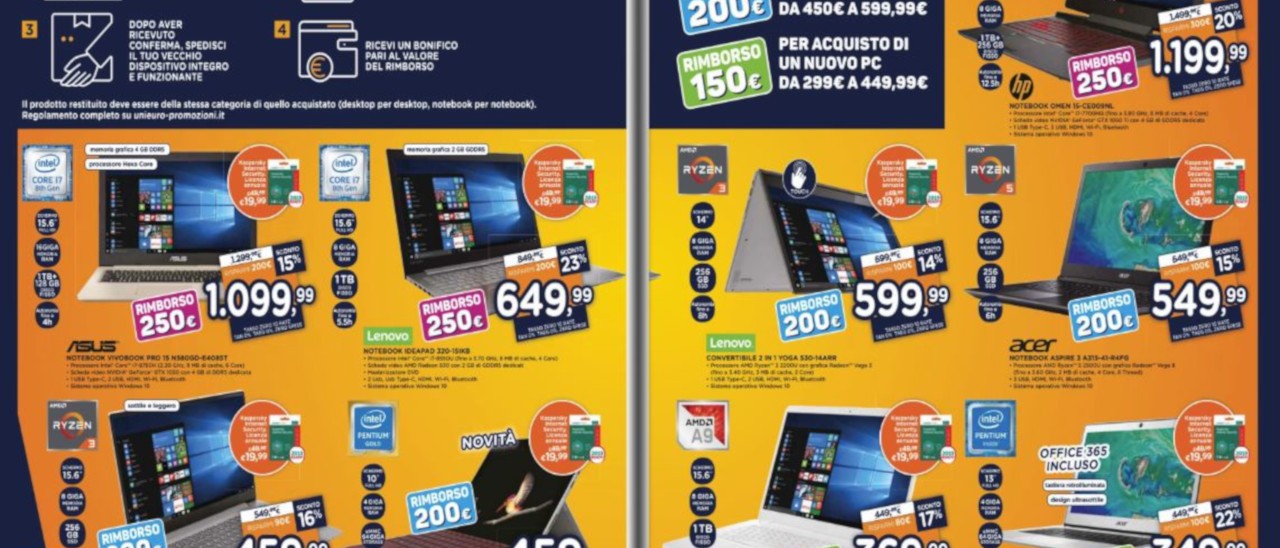 Volantino Unieuro, 250€ di rimborso per un PC Volantino Unieuro, 250€ di rimborso per un PC