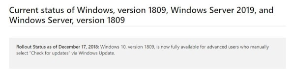 Windows 10 1809 disponibile per gli advanced user