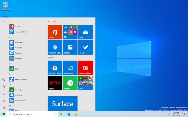 windows 10, menu start semplificato