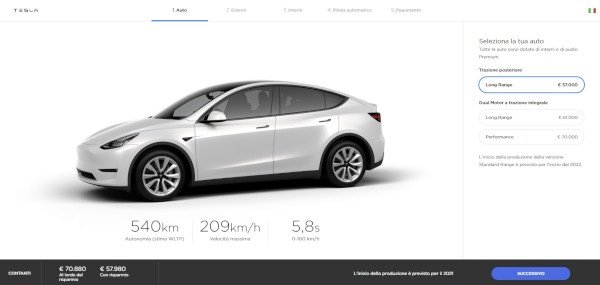 Tesla Model Y, apre il configuratore in Italia