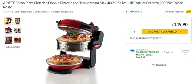 ARIETE - Forno Pizza Elettrico Doppio Pizzeria con Temperatura Max