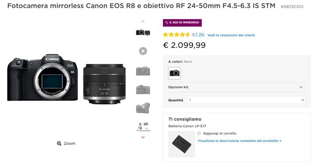 fotocamera mirrorless canon eos r8 rimborso 300 euro