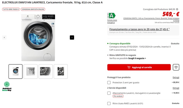 lavatrice electrolux 10 kg 549 euro mediaworld