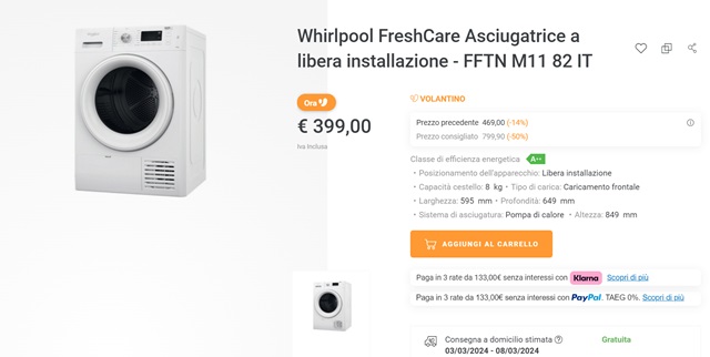 whirlpool freshcare asciugatrice 399 euro unieuro