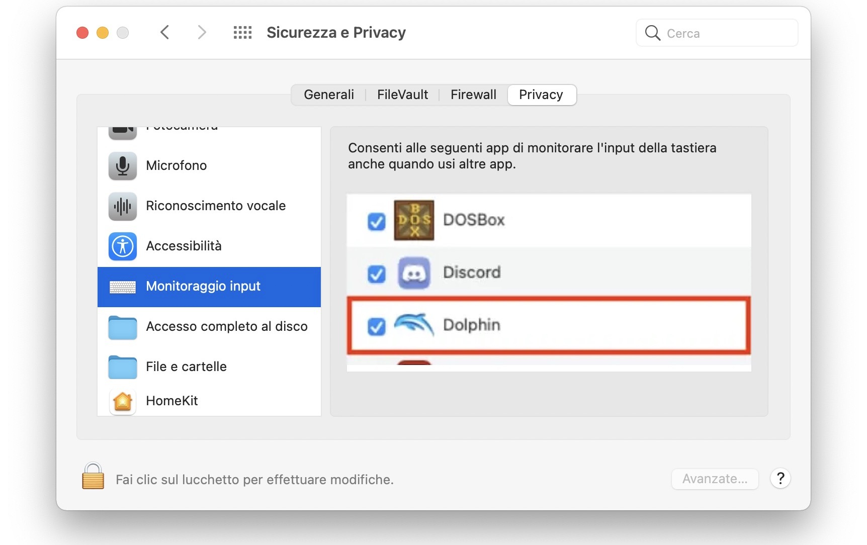 consentire a Dolphin di accedere al Monitoraggio Input