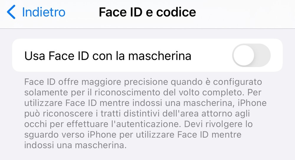 Face ID e Codice in Impostazioni