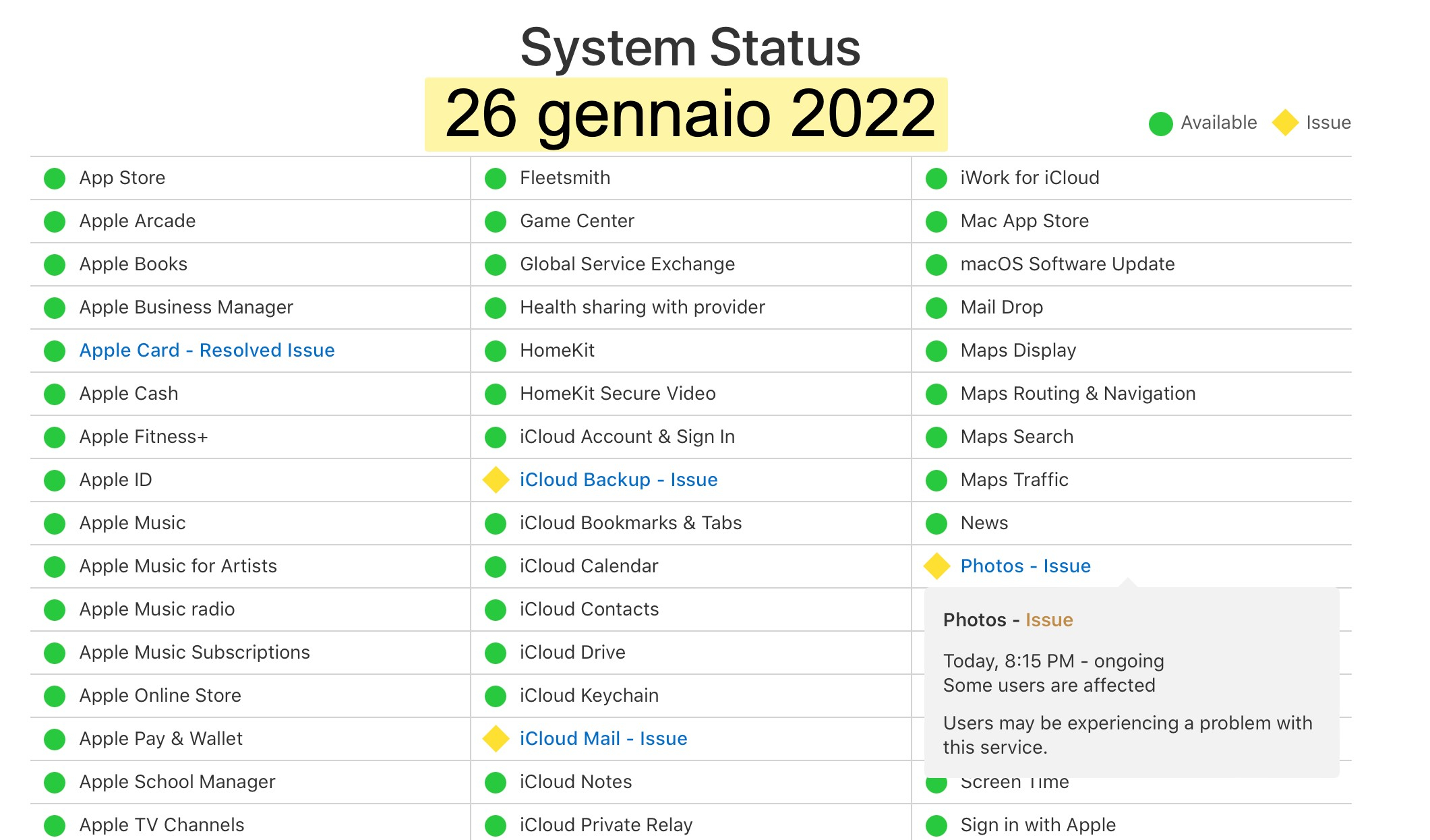 iCloud System Status 26 gennaio 2022