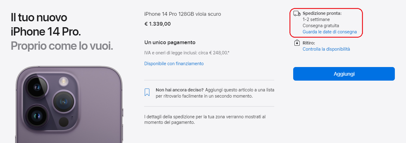 iPhone 14 Pro - Disponibilità Apple Store Italia dicembre 2022